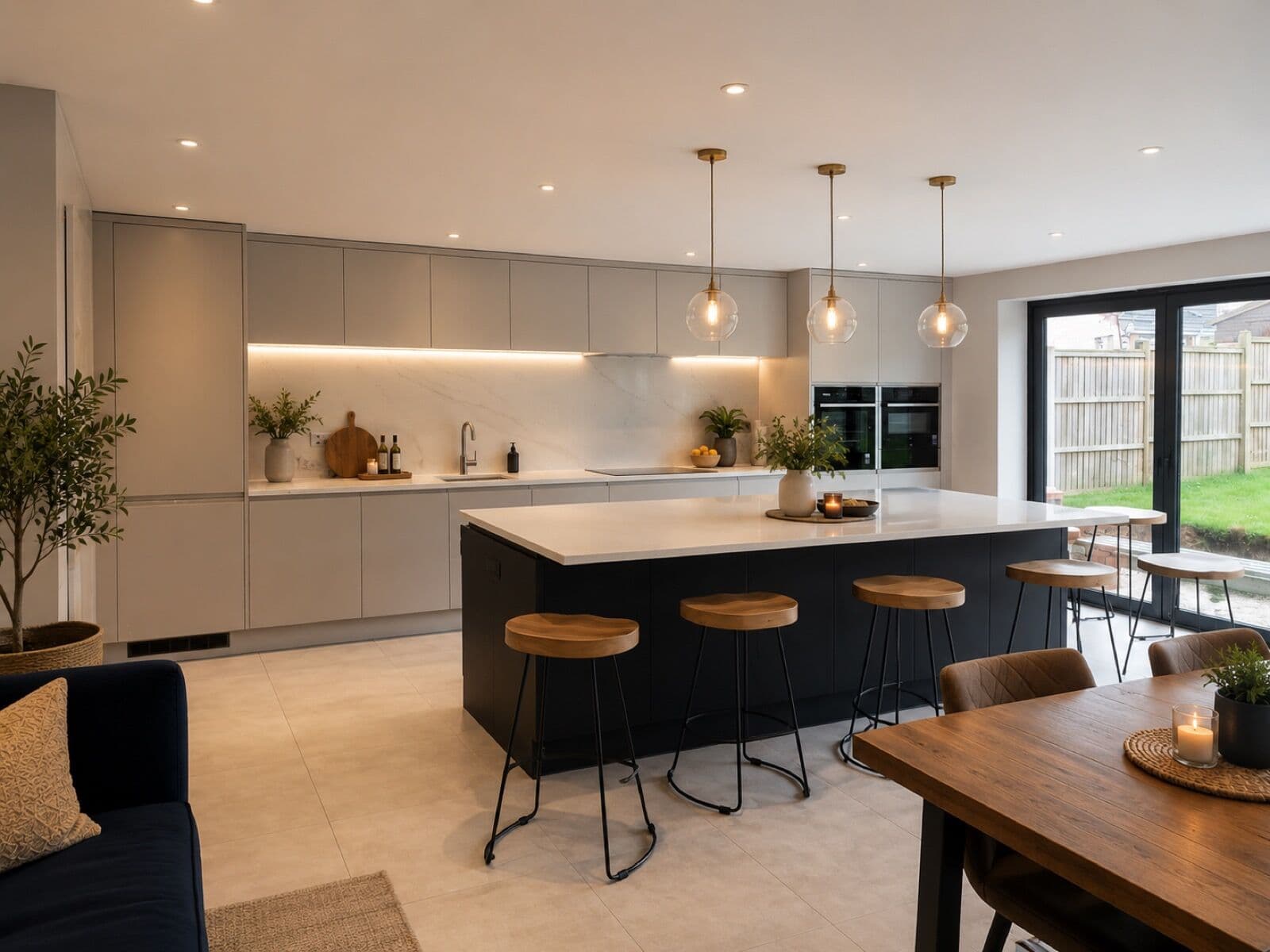Finished open-plan kitchen extension with island, pendant lights and bi-fold doors to the garden by DNR Build